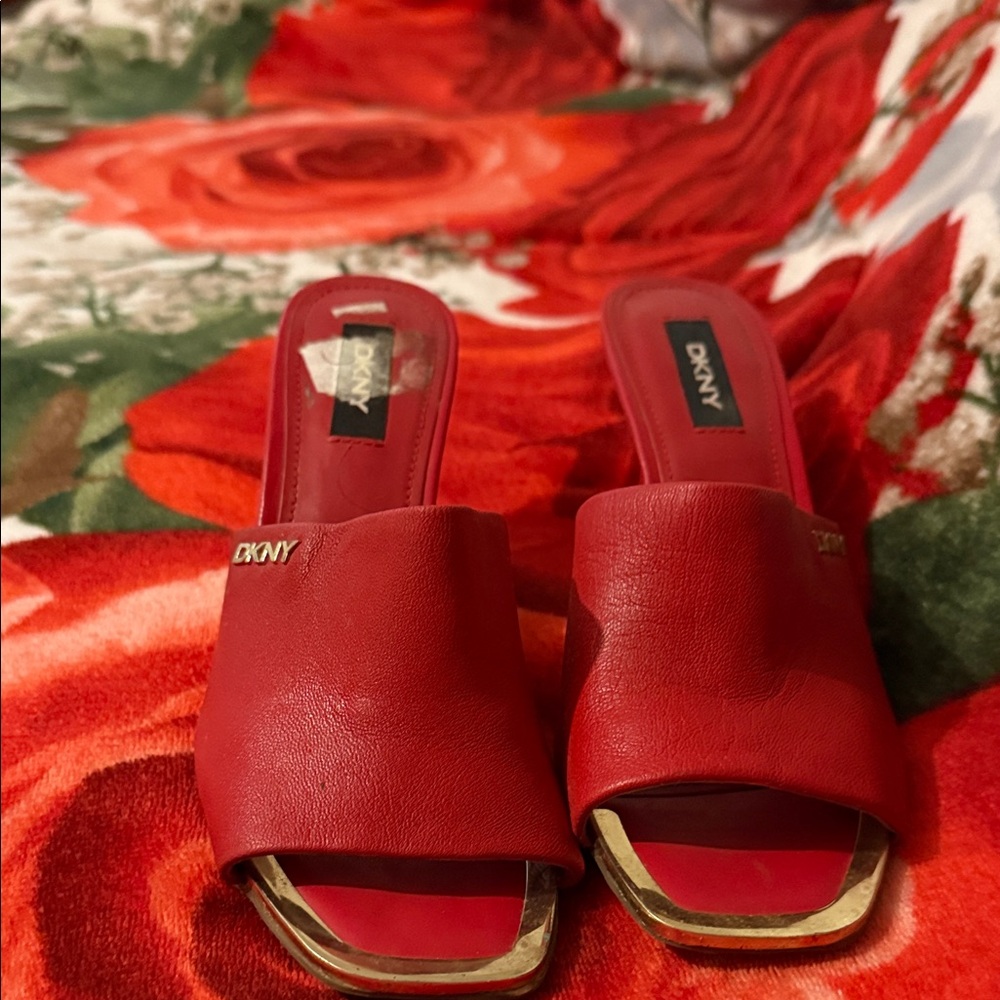 DKNY Red Leather Mules with Gold Accents